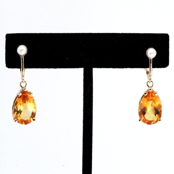 14K Gold Vintage Citrine Pearl Retro Clip Earrings - Picture 1 of 8
